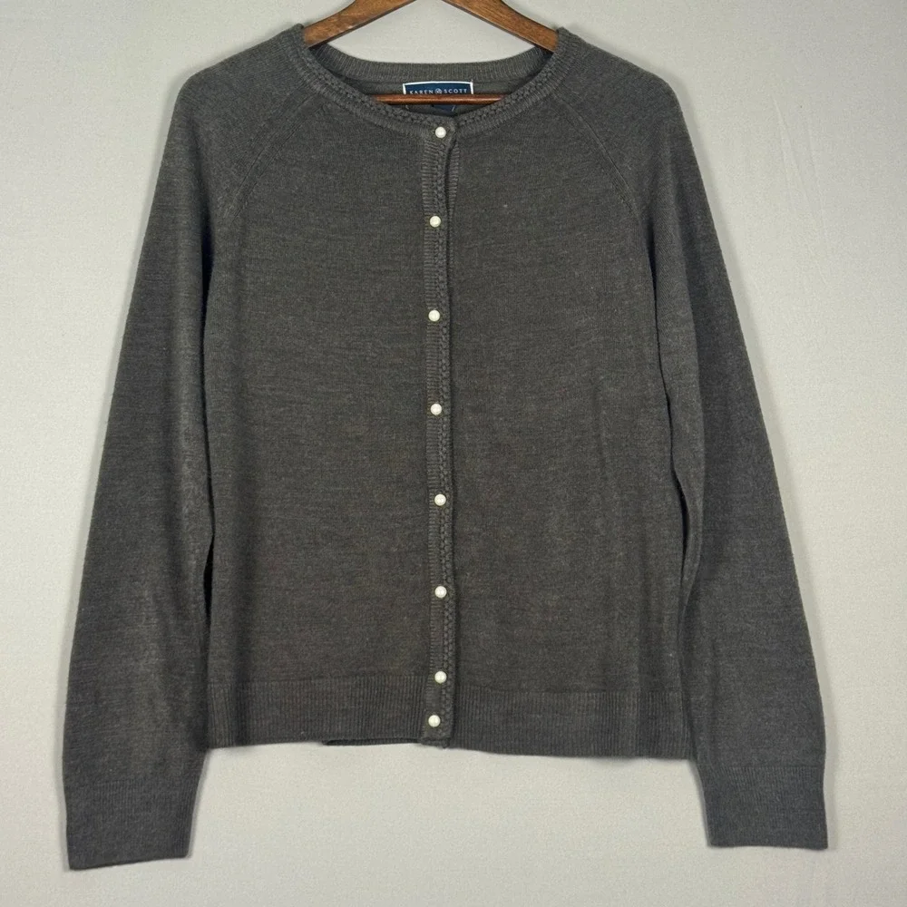 Karen Scott Cardigan Sweater Women XL Gray NWOT Pearl Button Long Sleeve Knit